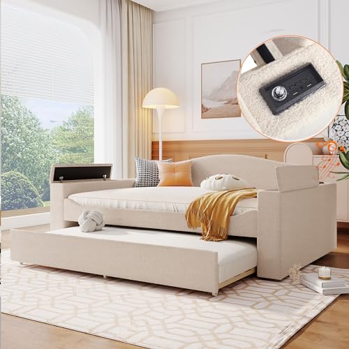 Upholstered Daybed Sofa Bed with Trundle and LED Light, Full Size Wood Daybed Frame with Curved Backrest and Armrests for Kids Adults Bedroom Furniture, Teddy Fleece Smart LED Bed (Beige)