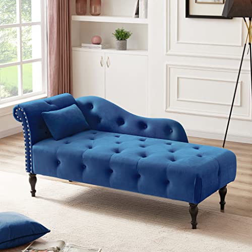 Button Tufted Chaise Indoor Accent, Velvet Upholstered Rolled Armed Sleeper Chair Lounge& Leisure Sofa Recliner with Left Armrest &Pillow & Nailhead Trim for Living Room, 60.6