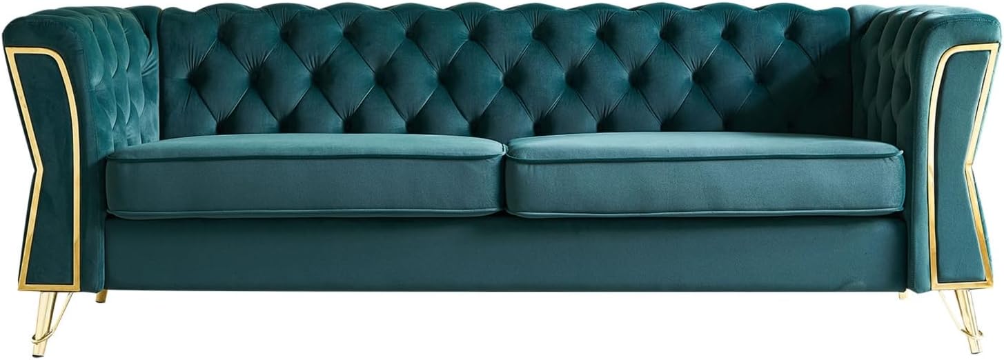 Modern 87.4 Inch Tufted Velvet Sofa in Green Color for Living Room - Stylish and Comfortable Green Velvet Sofa for Contemporary Home Décor