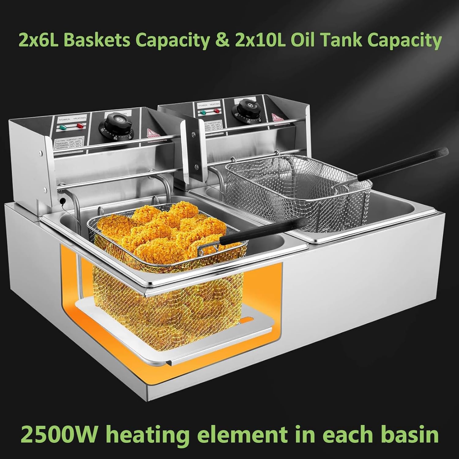 Commercial Electric Deep Fryer with Basket and Lid 5000W Stainless Steel 2X10l(10.5QT) Dual Tank Countertop Fryer for Home and Commercial Fast Oil Fryer with Temperature Control