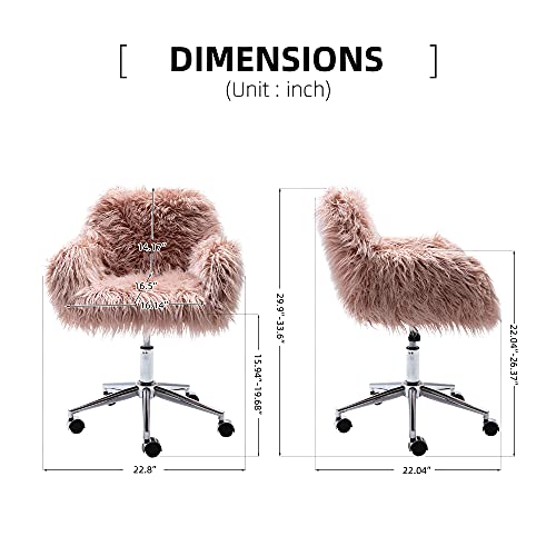 Faux Fur Home Office Chair, Comfortable Makeup Vanity Chair,Swivel Desk Chair Height Adjustable Dressing Chair for Bedroom (White+Silver)