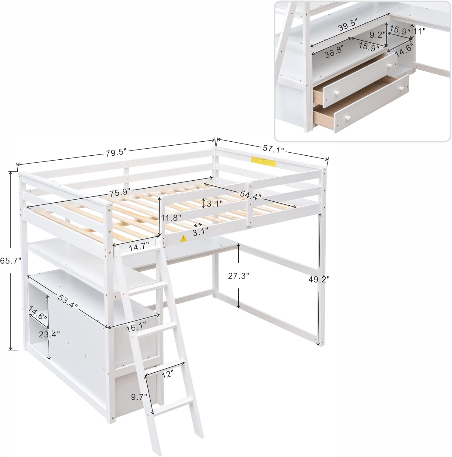 Merax Full Size Loft Bed with Desk, Wood Frame with Shelves & Drawers, Inclined Ladder Design, White