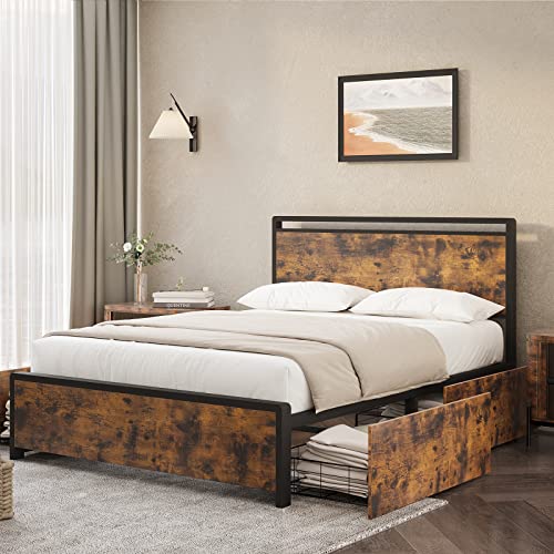 Full Bed Frame with Headboard and 4 Storage Drawers,Metal Platform Bed with Large Storage Space No Box Spring Needed Noise Free Rustic Brown (Full)