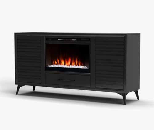 Realcozy Malibu Contemporary TV Stand Entertainment Center with Fireplace, 78 inches, Accommodates TVs up to 90 inches, Fully Assembled, Poplar Solid Wood, Charcoal Black Finish