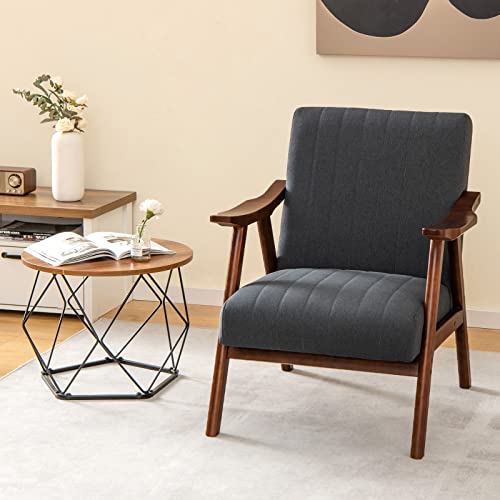 Giantex Mid-Century Modern Accent Chair, Upholstered Comfy Living Room Chair with Arms, Anti-slip Felt Pads, Wooden Frame Soft Padded Armchair for Living Room Bedroom Office Study, Beige