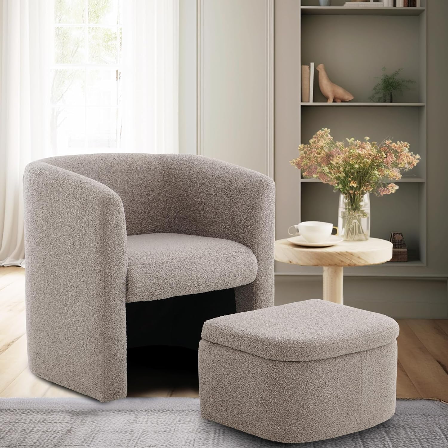 COLAMY Upholstered Sherpa Barrel Chair with Storage Ottoman Set, Modern Single Sofa Accent Lounge Chair Armchair Club Chair with Storage Space-Saving for Living Room Bedroom Office (Sherpa, Grey)