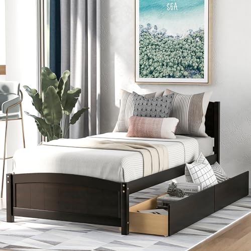 Twin Size Platform Bed Frame with Two Drawers and Headboard,Wood Slats Support,Solid Pinewood Bedframe,No Box Spring Needed,for Boys/Girls/Adult Bedroom, Gray