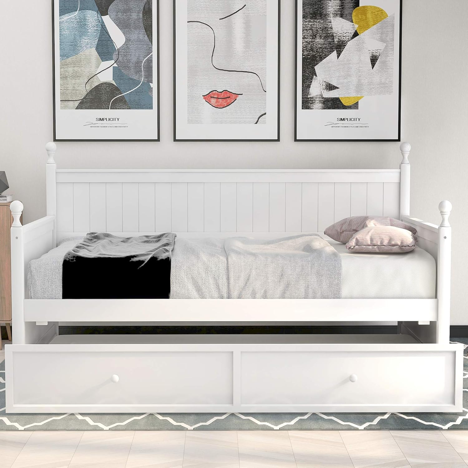 Harper & Bright Designs Twin Size Daybed with Trundle, Wood Twin Trundle Daybed Frame, Dual-use Daybed Sofa Bed for Living Room,Guest Room,Children Room, No Box Spring Needed,White