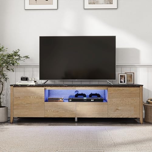TV Stand for 80 Inch TV, Modern Entertainment Center with LED Lights, Media Console Table with Storage Drawers & Cabinets for Living Room, 70 Inch, Natural Wood Wash