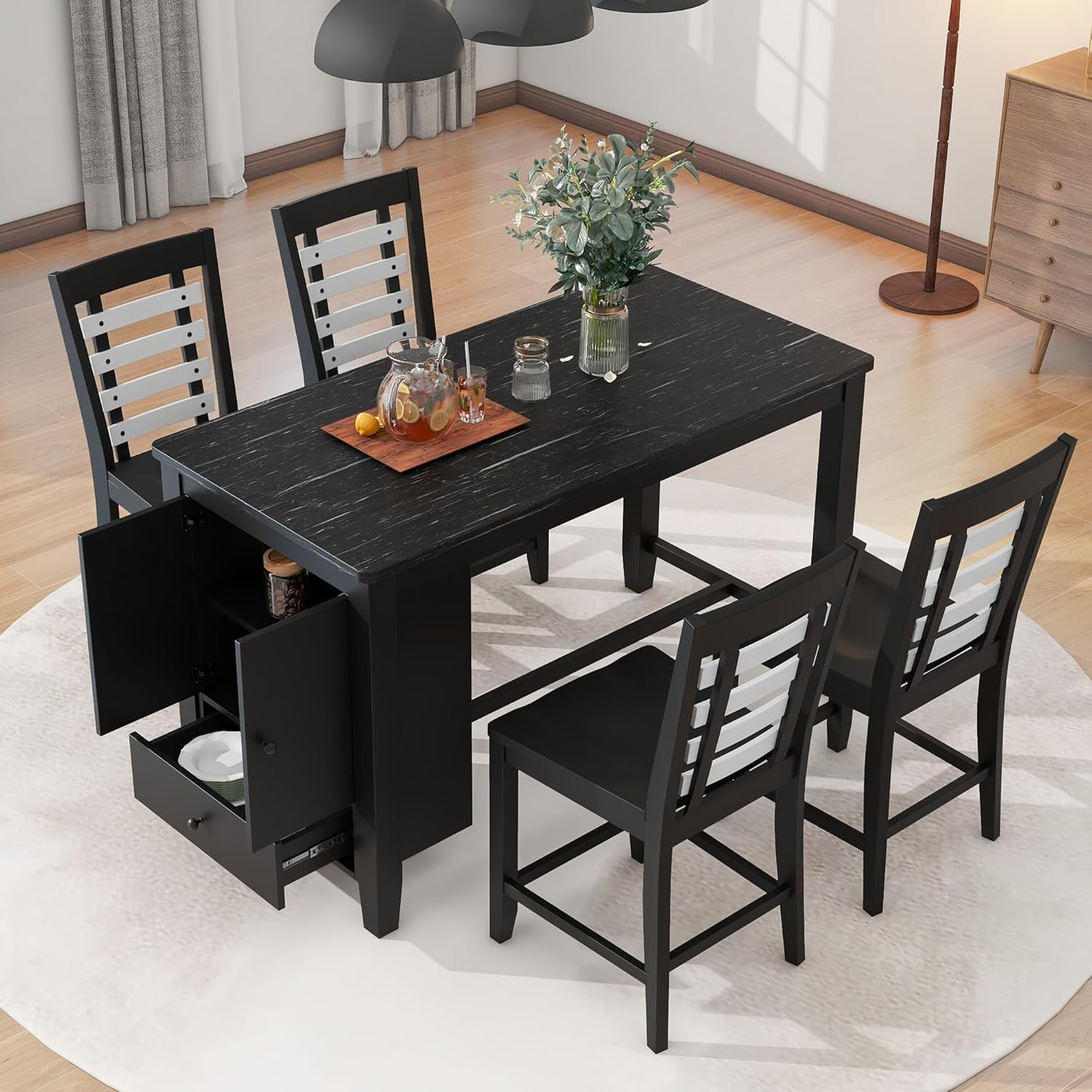 5-Piece Counter Height Wood Dining Table Set with Faux Marble Tabletop, Storage Cabinet and Drawer & 4 Matching Chairs, Black