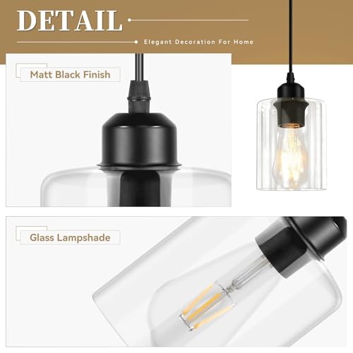 CANMEIJIA Glass Pendant Light Fixtures with 2 Pack, Black Pendant Lights Kitchen Island, Industrial Dining Room Light Fixture for Bedroom, Modern Hanging Pendant Lamp with E26 Base, Bulbs Not Included