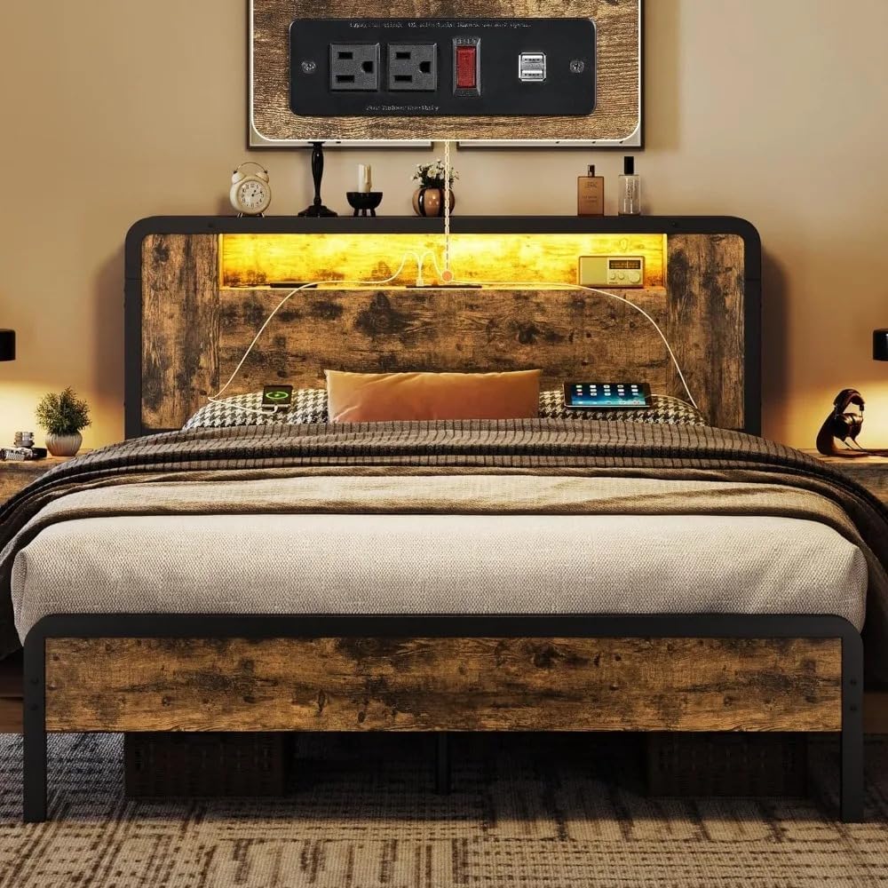 Mr Bedroom Standard Queen Size Bed Frame with LED Lights, Rustic Wooden Platform, Metal Headboard and Footboard, Black