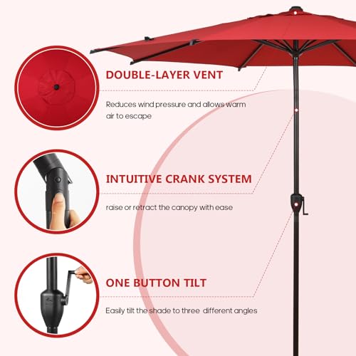 Abba Patio 7.5FT Lyon Outdoor Patio Umbrella Outdoor Table Umbrella with Push Button Tilt and Crank Market Umbrella 6 Sturdy Ribs UV Protection Waterproof for Garden Deck Backyard Pool Dark Red