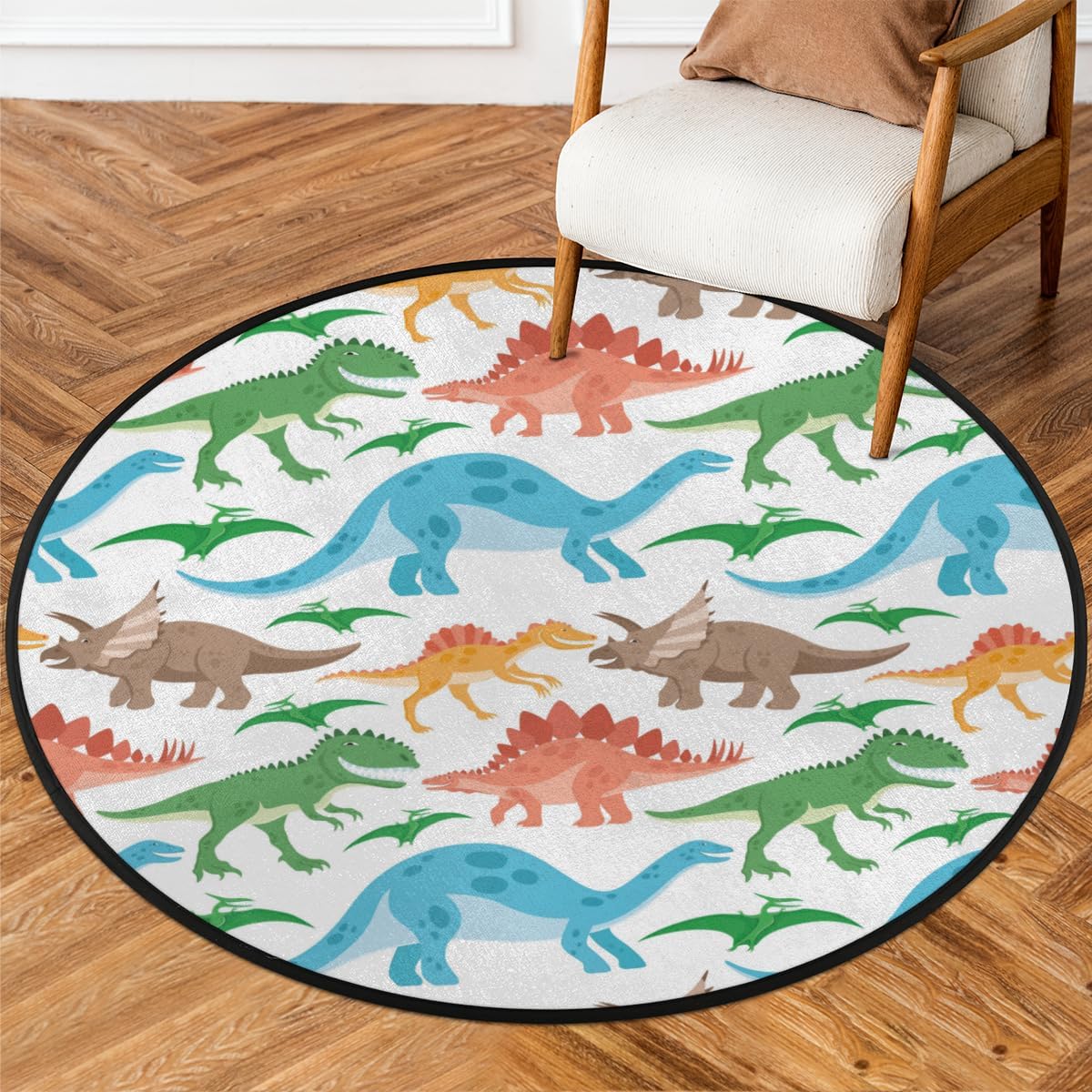 3 Ft Cute Dinosaur World Round Desk Chair Mat Non-Slip Soft Desk Floor Mat Washable Floor Mat for Office Living Room Bedrooms Laundry Room Foyer Doorway