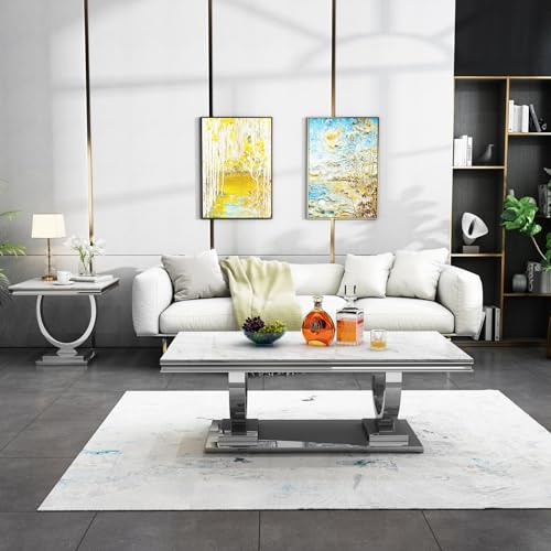 2 Piece Living Room Table Set, Faux Marble Coffee Table and Silver Console Table, Rectangular Luxury White and Silver Coffee Table Set of 2 with Stainless Steel Legs for Apartment Bedroom