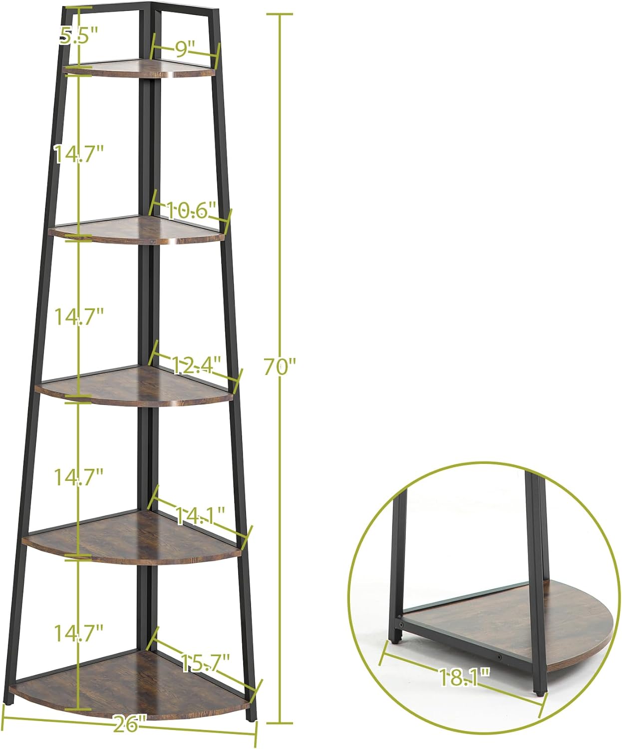 5 Tier Corner Shelf - Corner Bookshelf-Corner Cabinet-Corner shelves-70 Tall Display Organizer Storage Stand - Multipurpose Shelving Unit for Living Room, Home Office - Rustic Brow