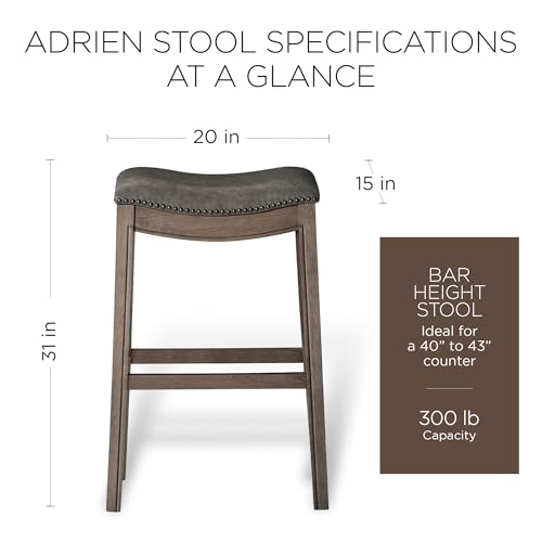 Maven Lane Adrien 31 Inch Bar Height Backless Saddle Barstool in Reclaimed Oak Finish with Ronan Stone Vegan Leather Cushion Seat, Set of 2