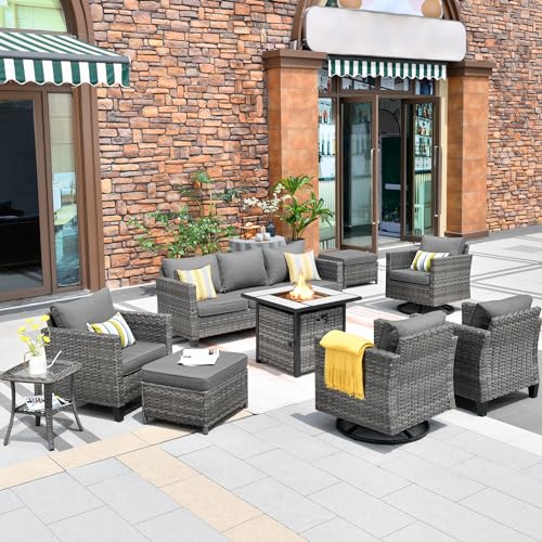Patio Outdoor Conversation Set with Fire Pit Table,6 Piece Modern Outside Furniture with Swivel Rocking Chairs,PE Wicker Out Door Furniture Sofa Set(Light Grey)