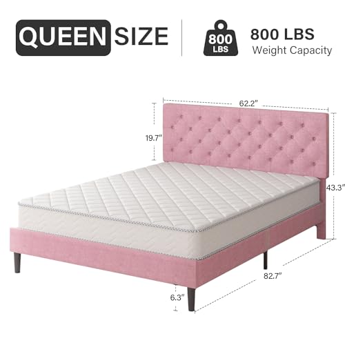 HOMBCK Full Bed Frame with Headboard, Linen Fabric Upholstered Bed Frame Full, Pink Bed Frame with Wood Slats, Button Tufted, No Box Spring Needed, Pink