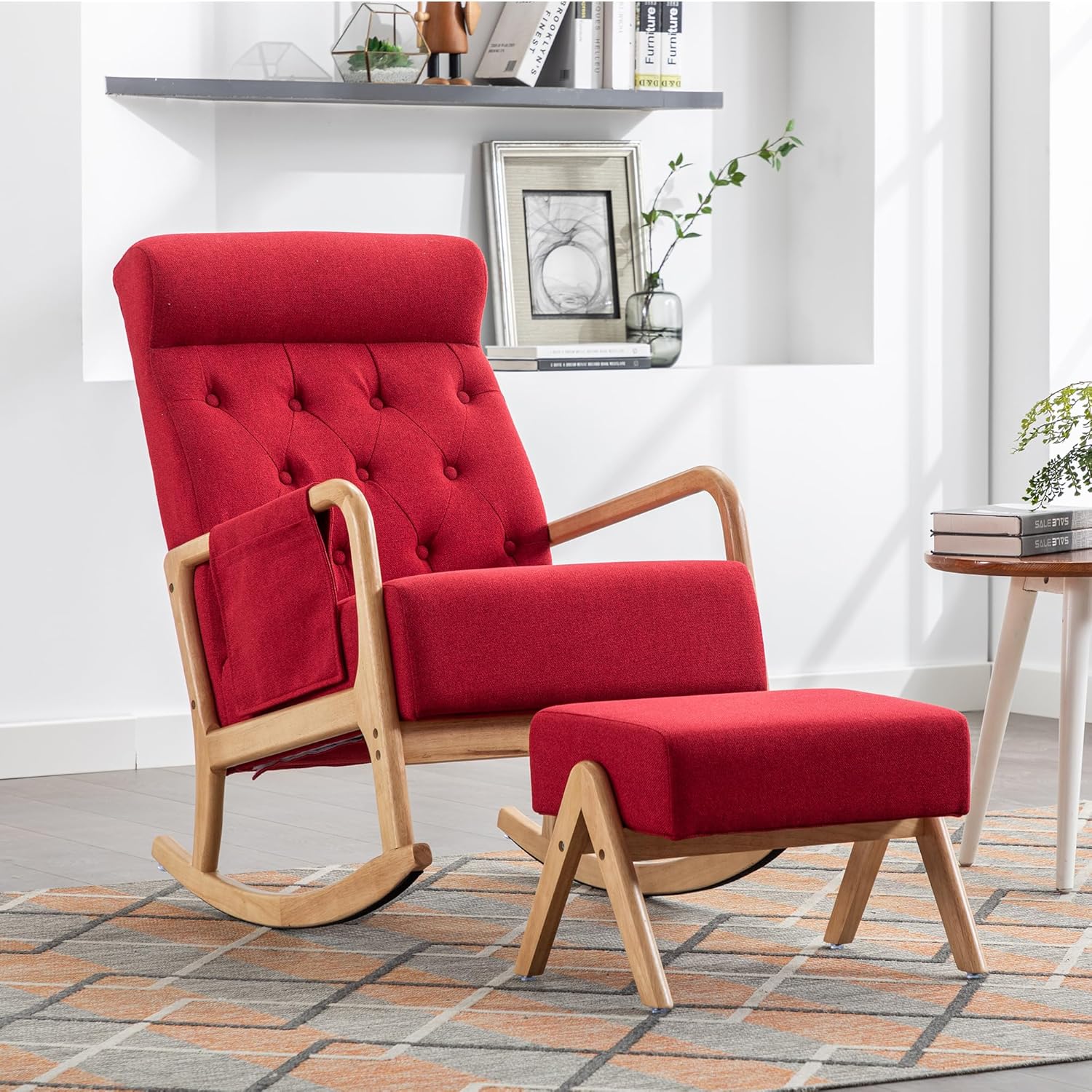 GNIXUU Glider Chair with Ottoman, Rocking Chair for Nursery, Upholstered Fabric Rocking Armchair Indoor with High Backrest for Living Room(Red)