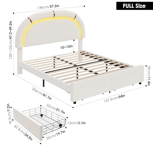 Keyluv Queen Upholstered LED Bed Frame with 2 Storage Drawers and Adjustable Semicircle Headboard, Smart Platform Bed Frame with Golden Trim, Wooden Slats Support, Box Spring Optional, Velvet, Beige