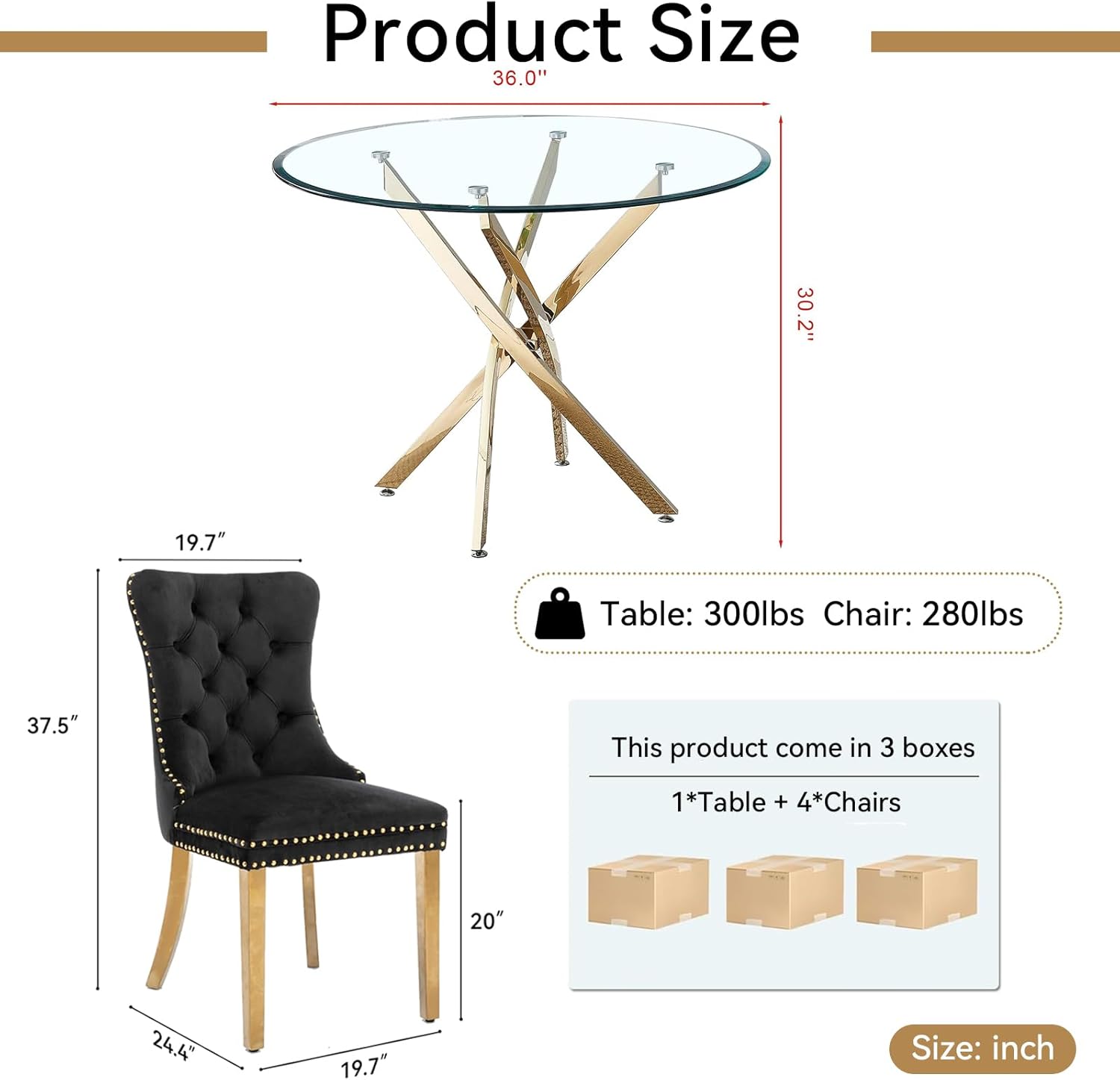 Round Glass Dining Table Set,36'' Tempered Glass Kitchen Dining Table Set for 4,5-Piece Glass Dinner Table Set with Stainless Steel Legs and Velvet Chair Set for Kitchen Dining Room Furniture