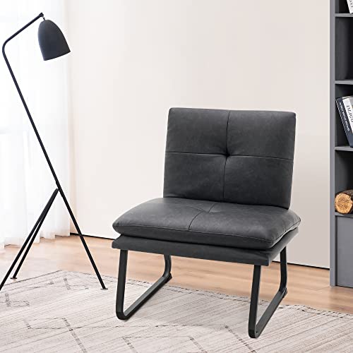 MCombo Armless Accent Chairs, Faux Leather Slipper Chair with Solid Steel Legs, Tufted Side Chair Club Chair for Living Room Bedroom Office 4812 (Chair, Black)