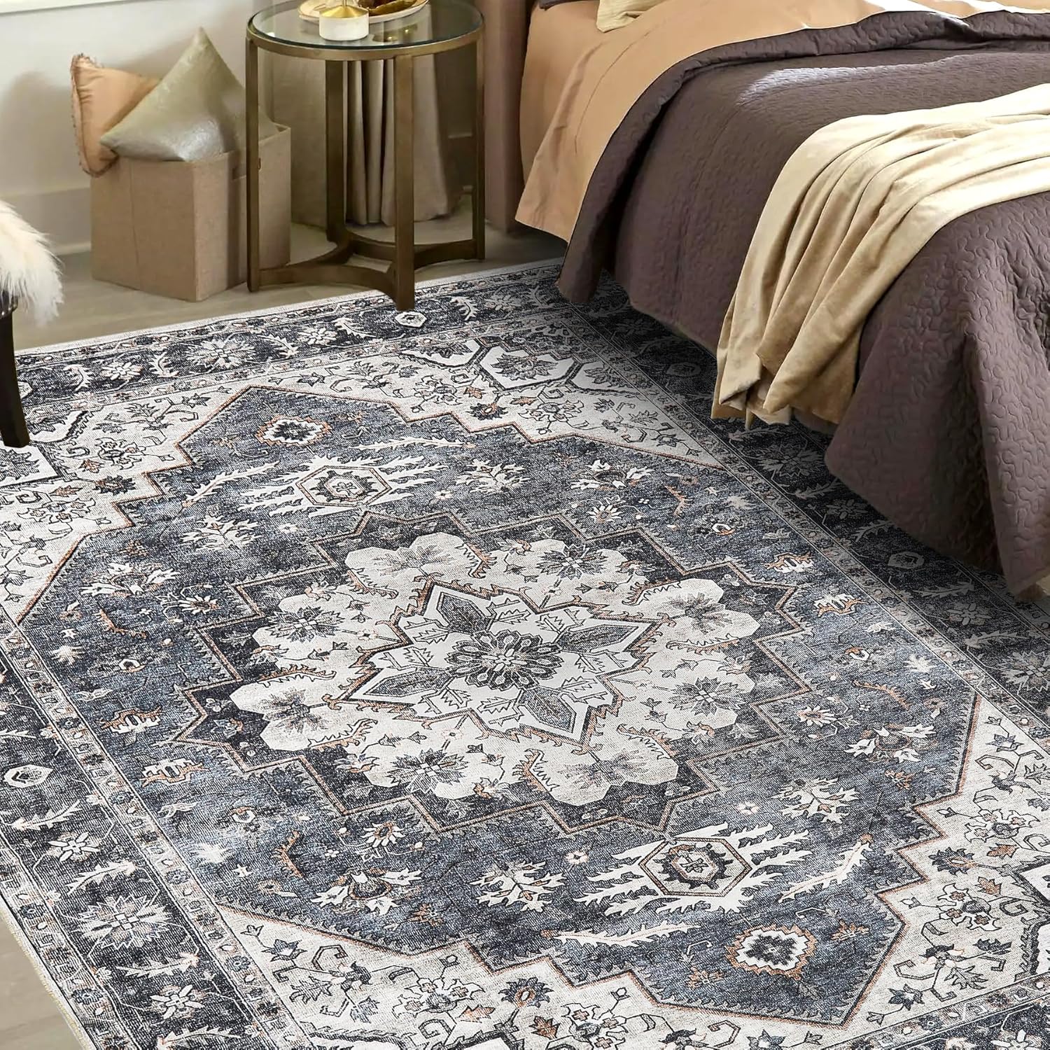 6x9 Area Rugs Washable Boho Rug, Non Slip Carpet for Living Room, Boho Vintage Design Rug, Foldable Soft Low-Pile Rug, Blue/Gray-brown