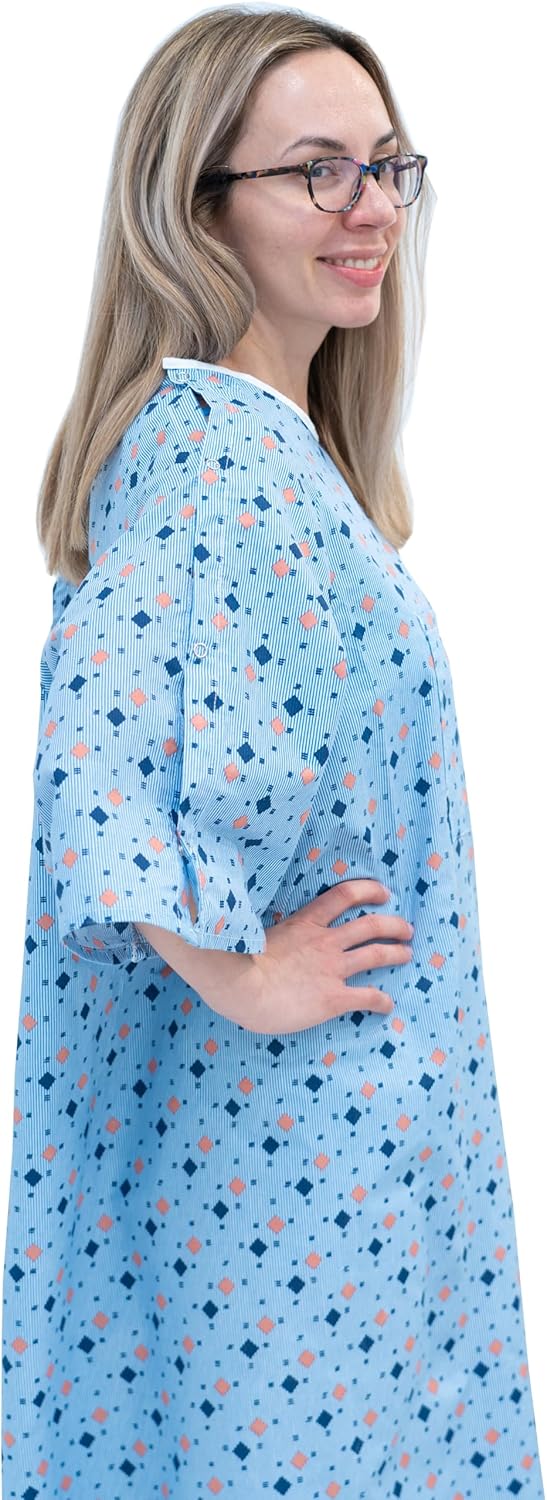 3 Pack - Unisex Hospital Gown IV Snap Sleeves - Patient Gowns Comfortably Fits Sizes up to 2XL - Tie Back - Diamond Pattern Blue