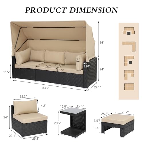 Grepatio Rattan Patio Furniture Set 6 Pieces Outdoor Daybed with Retractable Canopy Wicker Sectional Sofa Set Day Bed with Adjustable Backrest and Cushions Storage Table (6 Pieces Grey)