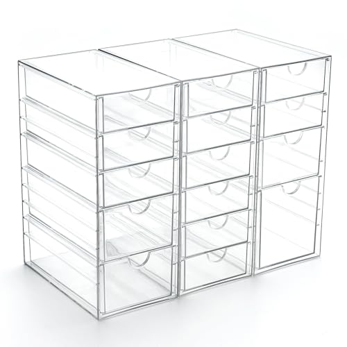 Acrylic Drawer Makeup Organizer with 6 Drawers, Set of 2 Office Desk Organizers Accessories, Clear Stackable Storage Drawers for Vanity, Countertop, Craft, Jewelry, Art Supply Organization