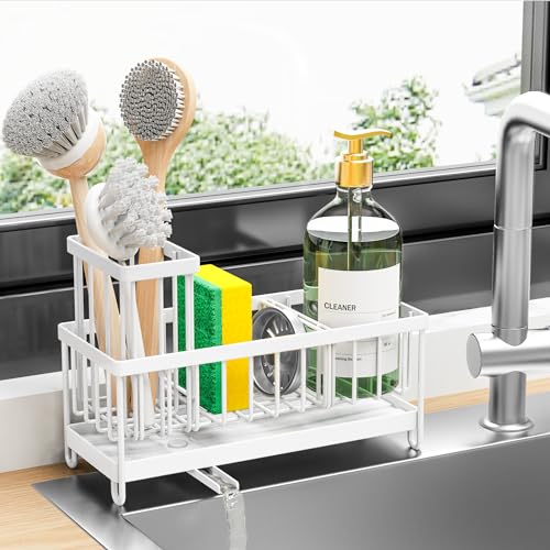 Cisily Sponge Holder for Kitchen Sink, Sink Caddy with High Brush Holder, Organzier Rustproof 304 Stainless Steel Dish Organizer Divider, Soap Dispenser Storage(Gold)