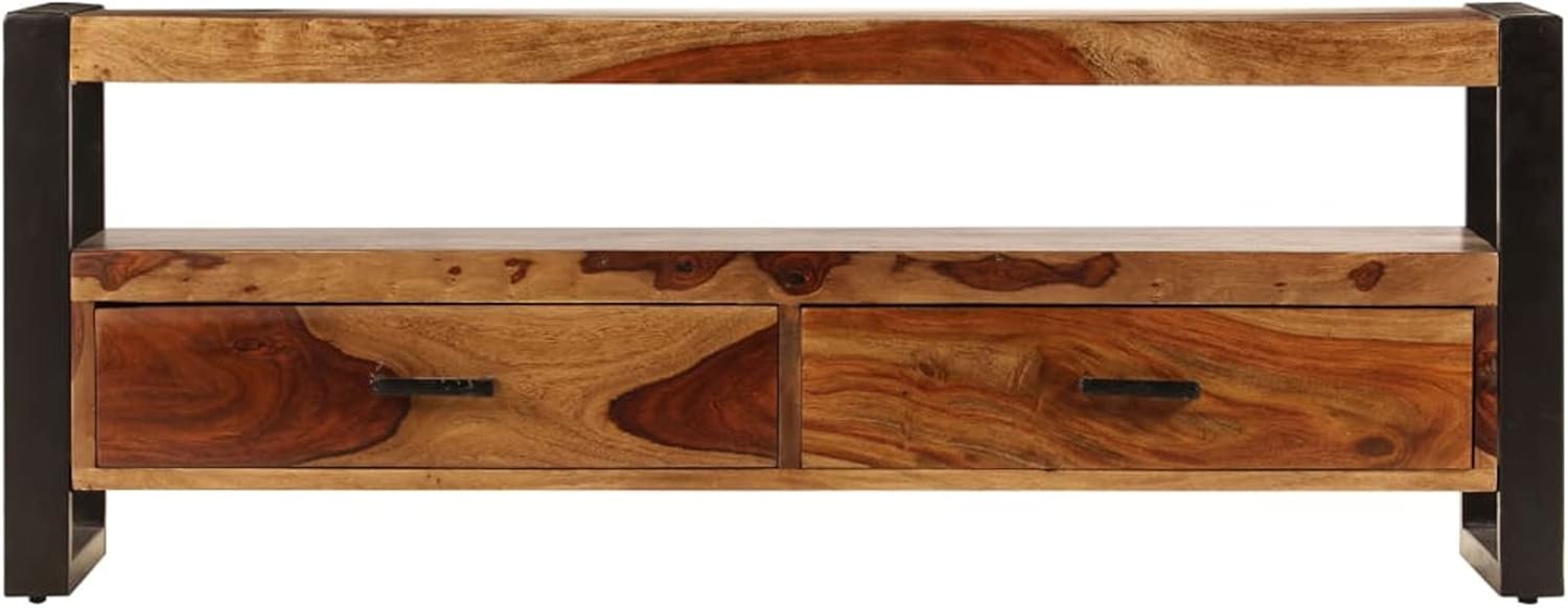 Tidyard Wooden TV Cabinet with Storage Drawers and Open Shelf Sheesham Wood Television Stand Sofa Couch End Side Table Steel Legs for Living Room Home Furniture 47.2 x 13.8 x 17.7 Inches (W x D x H)