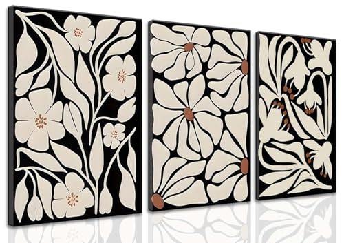ZQARTZZQ Boho Floral Wall Art Abstract Flower Framed Canvas Prints Flower Mid Century Modern Botanical Painting Colorful Flowers Pictures Wall Decor Set of 3 for Living Room Bedroom Bathroom 12x16in