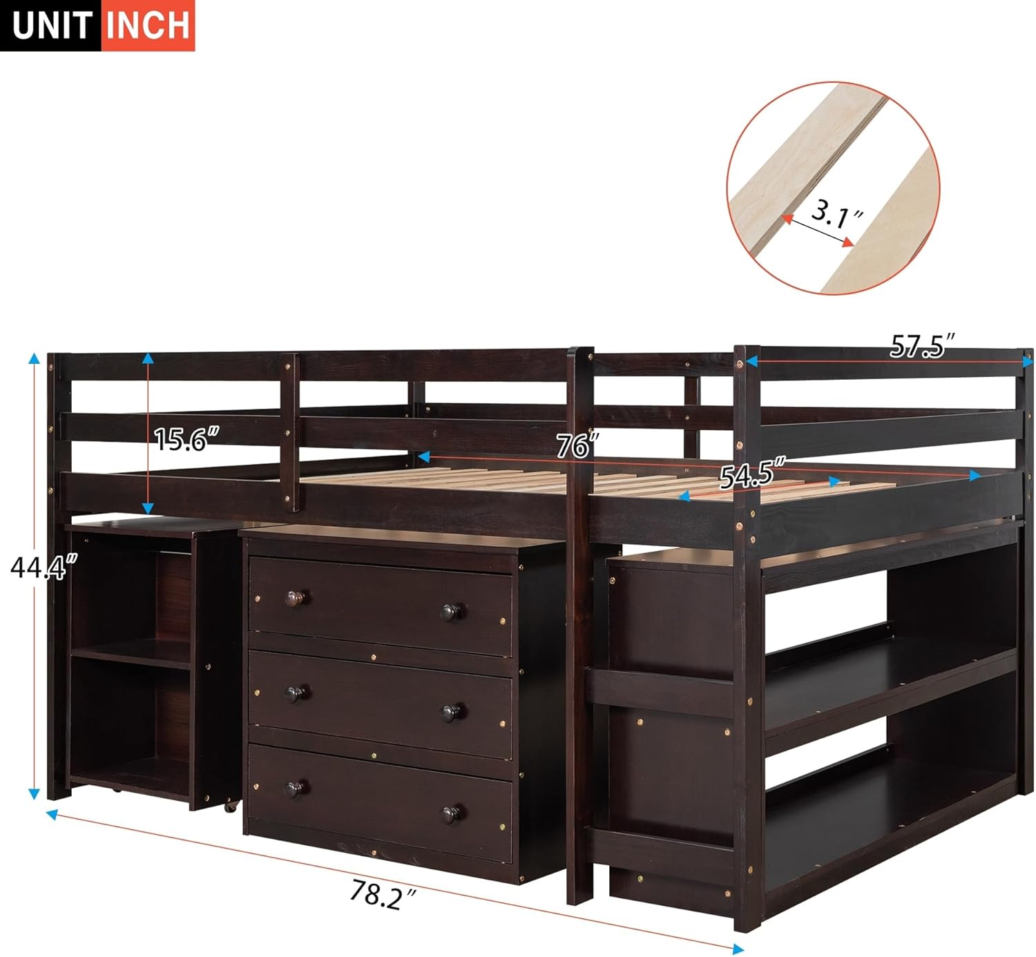 Full Size Low Loft Bed Wood Study Bedframe with Storage Cabinet Desk Brown Modern Contemporary Rustic Unisex Nature Space Natural Finish Hidden Includes Hardware