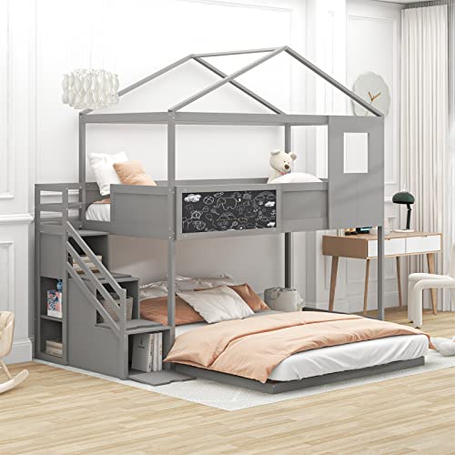 House Bunk Bed for Teens and Adults, Twin over Full Bunk Bed with Stairs, Pine Wood Bunk Bed Frame with Storage Staircase and Blackboard, Playhouse Design Bed with Pitched Roof and Window, White