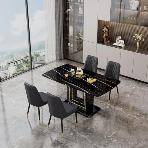 Modern 7-Piece Kitchen Table Set for 6 People, Space Saving Dining Room Table Set with 6 PU Upholstered Chairs Rectangular Black Imitation Marble Tempered Glass Dining Table Set for Living Room