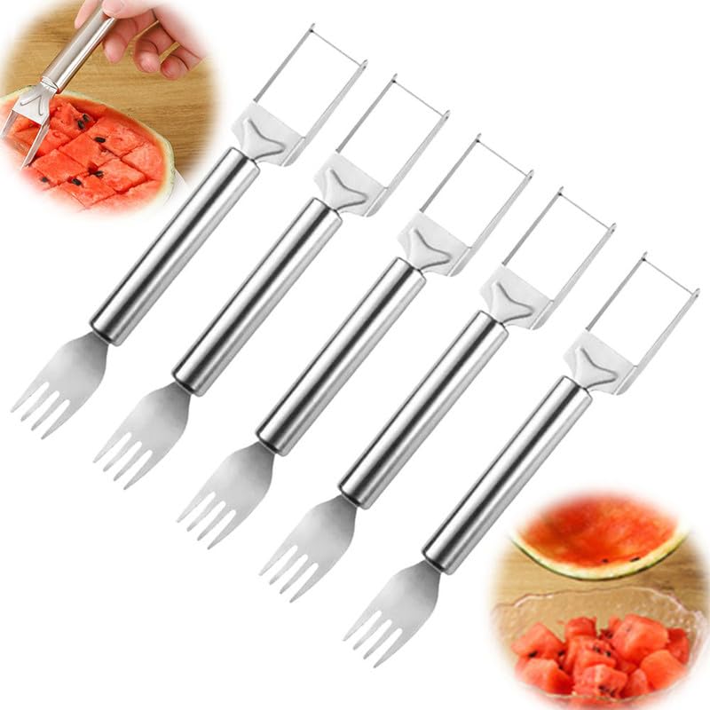 2024 New 2-in-1 Stainless Steel Fruit Cutter, Cube Cutter Watermelon Fork Slicer Cutter Slicer Tool Fruit Knife Dual Head Fruit Forks Cutter for Summer Home Kitchen Gadget (1PCS)