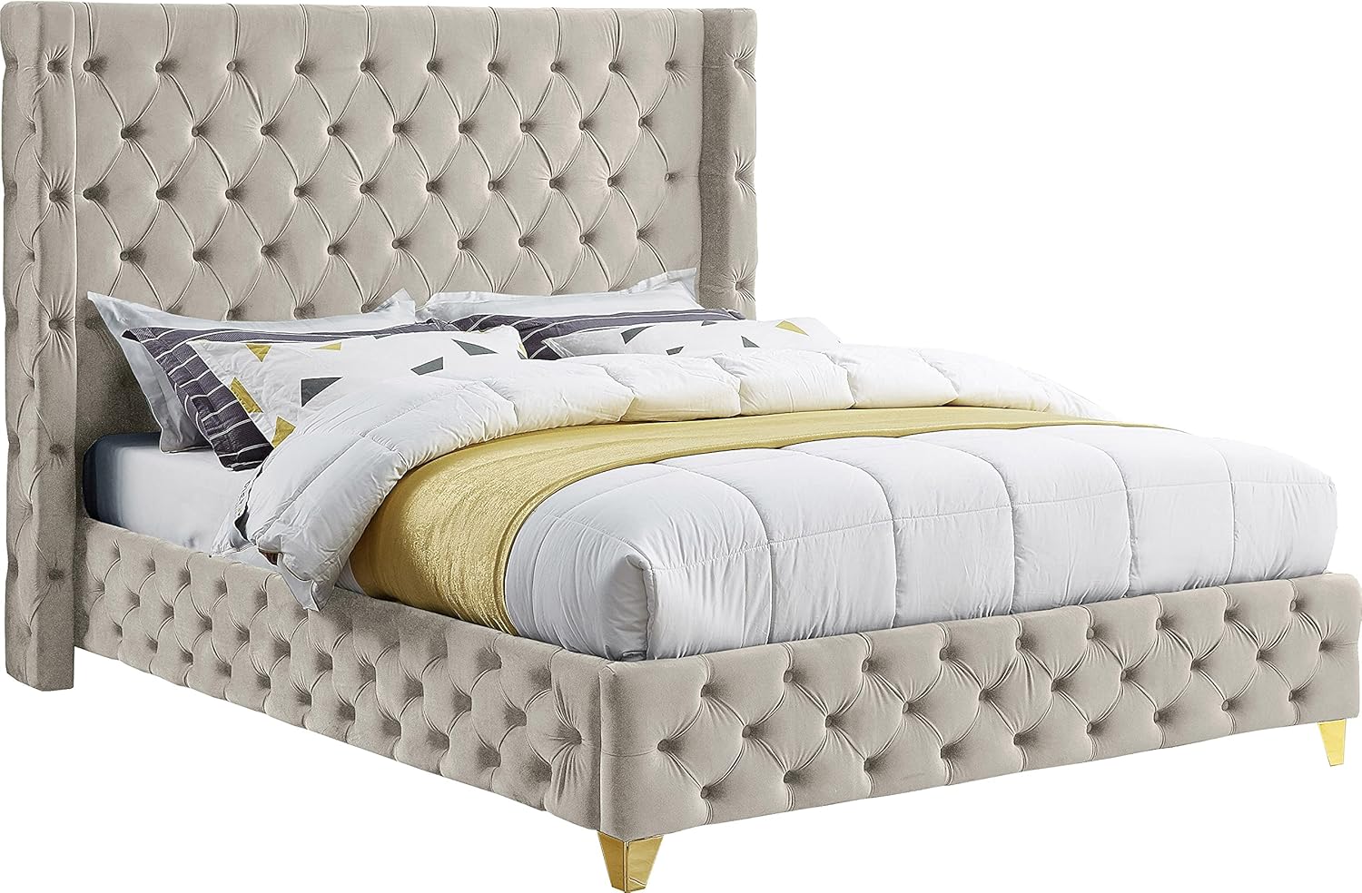 Meridian Furniture Savan Collection Velvet Upholstered Bed with Deep Button Tufting in Gold or Chrome Finish, King, Cream