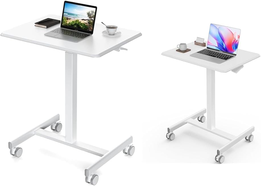 Sweetcrispy Small Mobile Rolling Standing Desk Bundle - Height Adjustable Laptop Desk with Wheels, Portable Computer Workstation