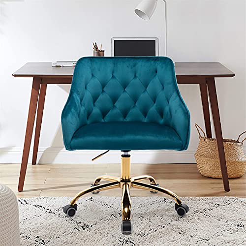 Warmiehomy Velvet Desk Chair Vanity Chair for Makeup with Gold Base and Shell Back Modern Home Office Chair Adjustable Rolling Swivel Computer Task Chair for Bedroom Vanity Room, Teal