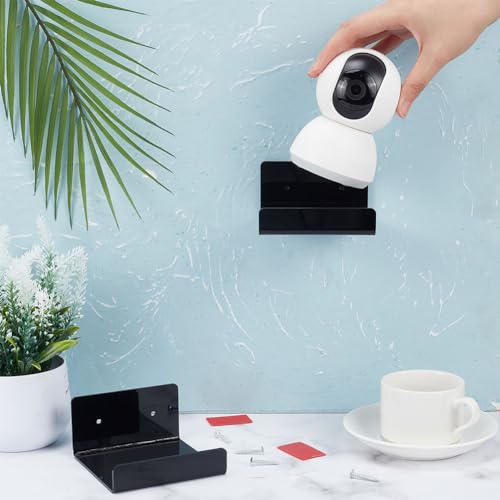 PandaHall 4pcs Acrylic Floating Shelves Wall Shelves Shelf Display Ledges Adhesive Hanging Shelves White Display Stand for Smart Speaker Security Cameras with Cable Clips, 2 Type Installation