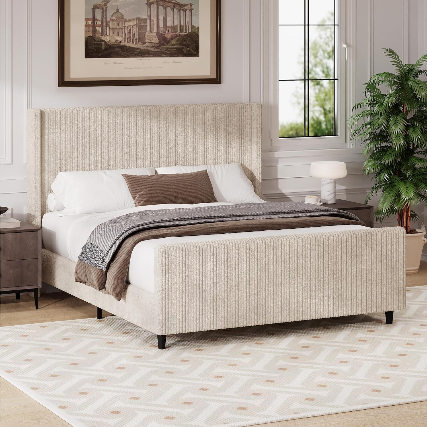 Elegant Design Queen Size Upholstered Platform Bed with Vertical Stripe Wingback Headboard and High Footboard,Solid Wood Bed Frame with Wood Leg, No Box Spring Needed (Cream)