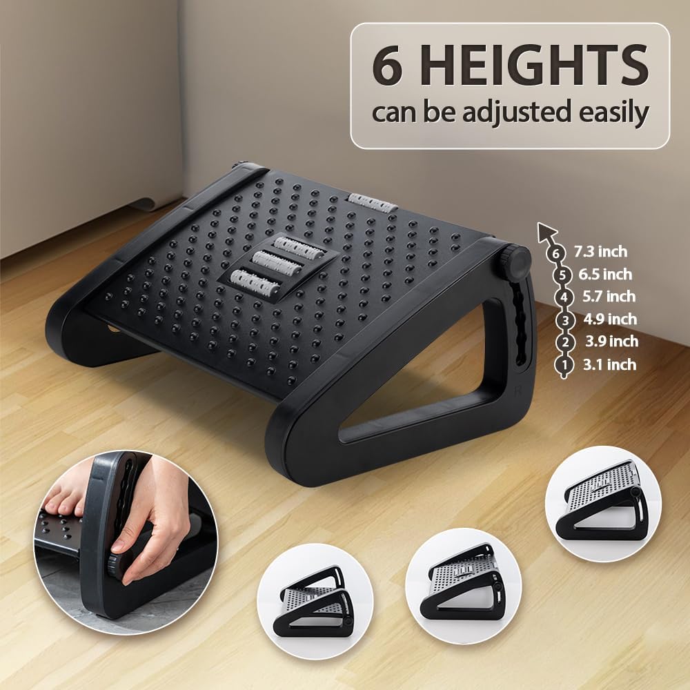 Foot Rest, Six Heights Adjustable Foot Rest for Under Desk at Work, Ergonomic Foot Stool for Under Office Desk. Under Desk Footrest with Foot Massage Roller, Chair Footrest for Leg Rest