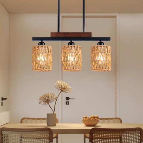 Black Farmhouse Kitchen Island Lighting, 5-Light Linear Chandeliers for Dining Room, Modern Rectangle Rustic Kitchen Light Fixtures Over Table, Industrial Hanging Pendant Lights, Height Adjustable