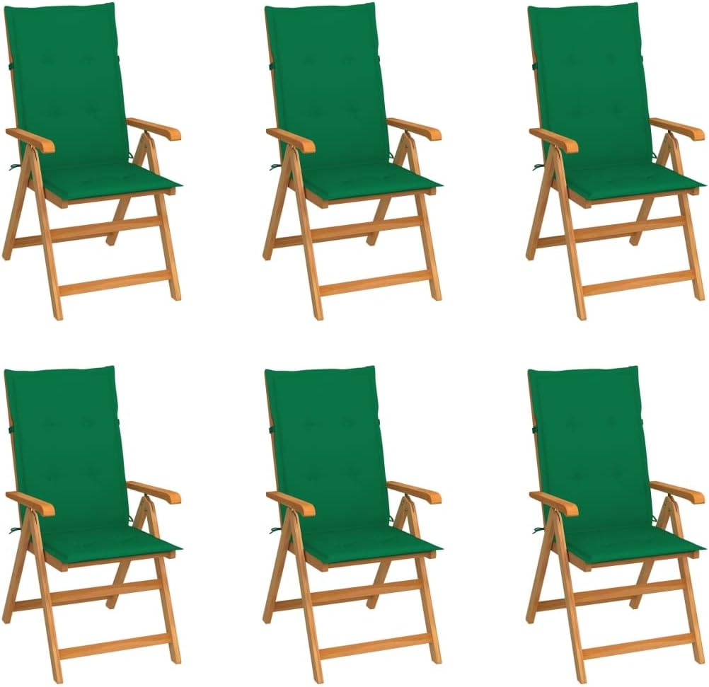 Patio Chairs 6 pcs with Green Cushions Solid Teak Wood,Furniture,Outdoor Furniture,Outdoor Seating,Outdoor Chairs,Green,44.8kg/98.56ib