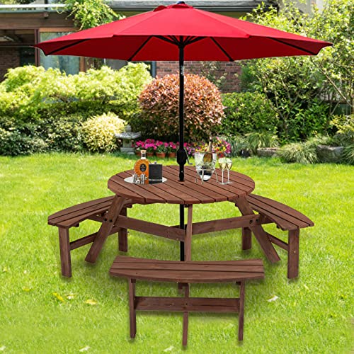 6 Person Outdoor Wooden Picnic Table with Benches, Outdoor Round Patio Table Dining Table w/ 3 Built-in Benches + Umbrella Hole, Perfect for Garden Yard Pub Beer, 1720lb Capacity- Natural