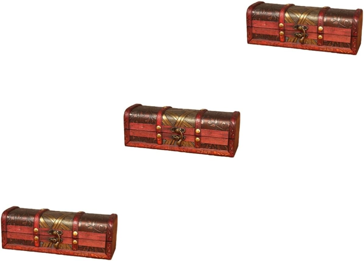 DECHOUS 3 Pcs Money Saving Bank Kids Storage Cubes Decorative Storage Trunk Watch Storage Case Wood Treasure Containers 2020 New Year Kid Piggy Bank Child Hair Stick Pirate Wooden