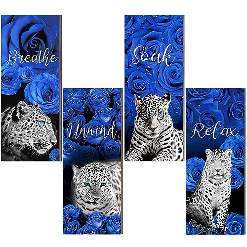 XEFINAL Set of 4 Blue Rose and Leopard Bathroom Wall Decors Blue Bathroom Wall Decor Blue and Black Bathroom Set for Living Room Laundry Bathroom Home Decor, 10 x 4 Inch(Blue Rose and Leopard)