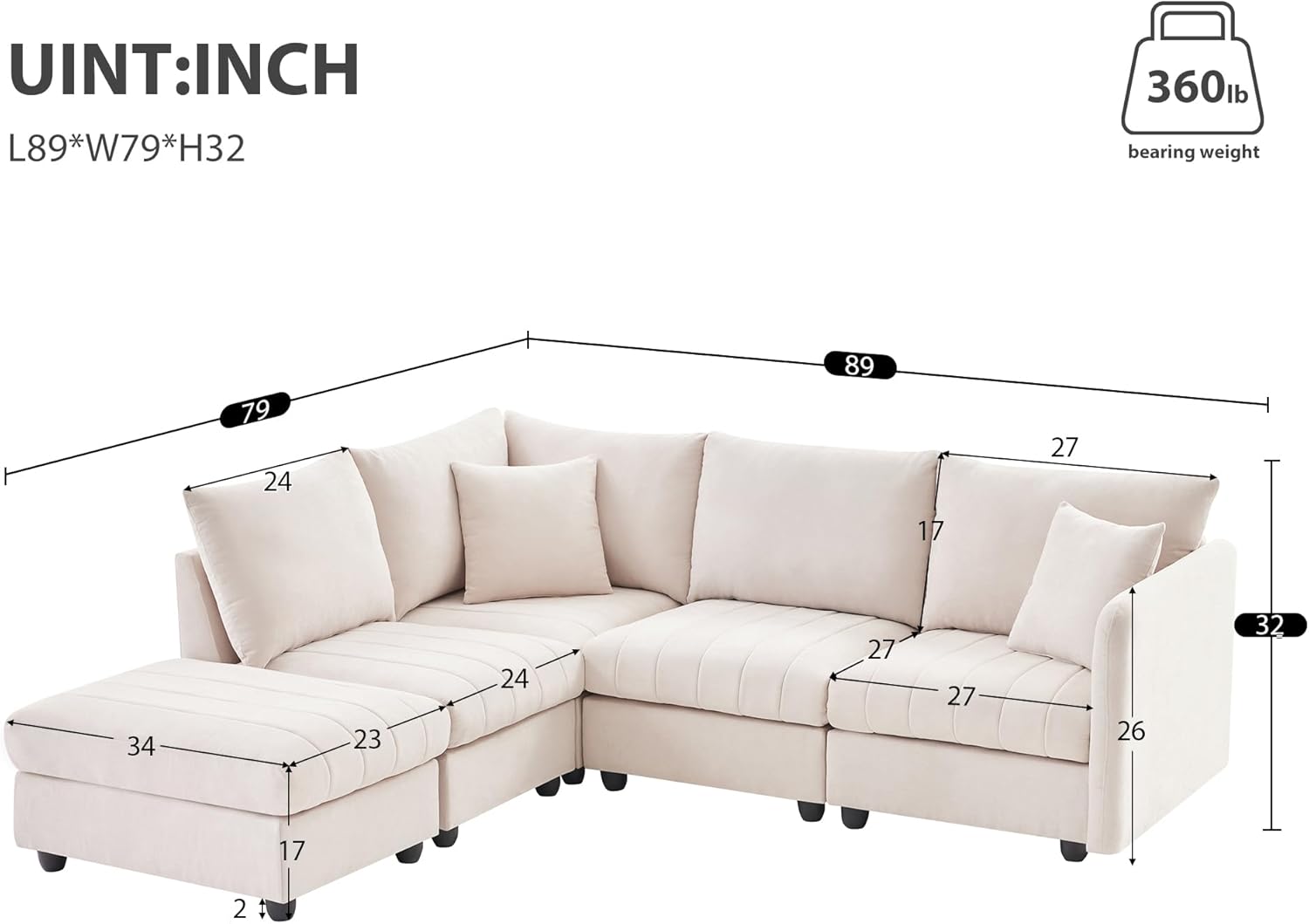 89'' Sectional Sofa Couch with Convertible Ottoman for Living Room, Modern L-Shaped U-Shaped 5-Seat Sectional Couch Sofa for Apartment, Linen Fabric, Beige